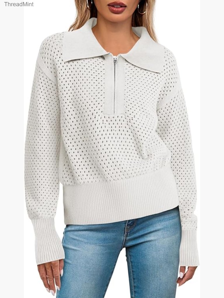Long Sleeve Half Zip Crochet Knit Pullover Sweater
